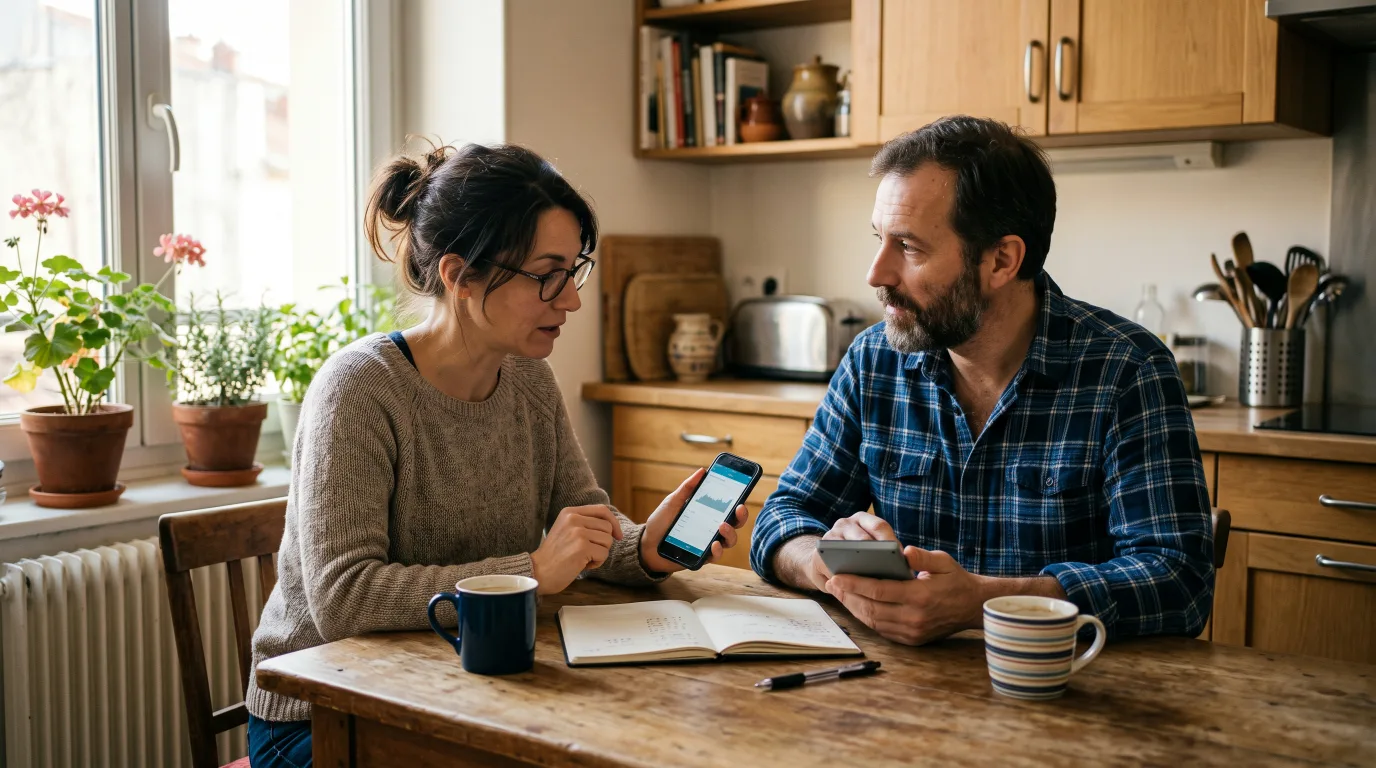 Un couple discute calmement de son épargne à la table de la cuisine